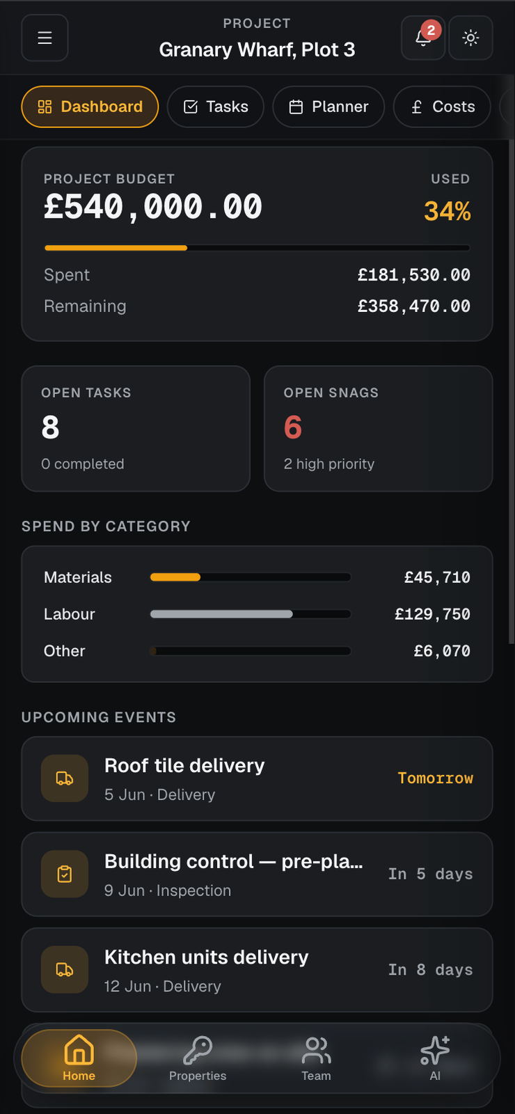 Build & Let project dashboard on a phone